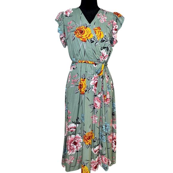 SHEIN Sage Green Floral Faux Wrap Ruffle Sleeve Summer Dress size Medium - Picture 2 of 12